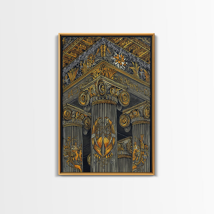 Ancient Greek Column Detail, Classical Architecture, Canvas Gold Canvas Print, Real Wood Frame Wall Art