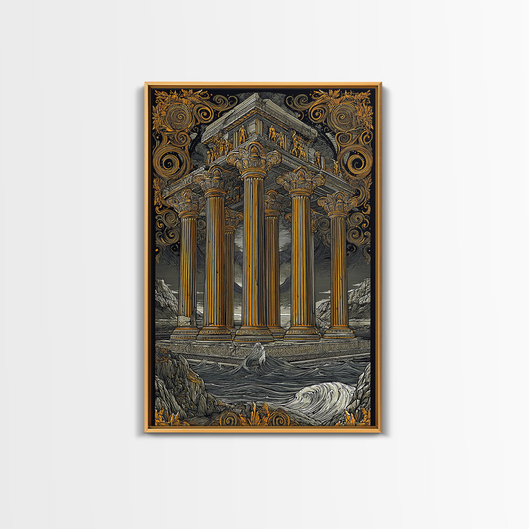 Temple Of The Gods, Mythological Architecture, Canvas Gold Canvas Print, Real Wood Frame Wall Art