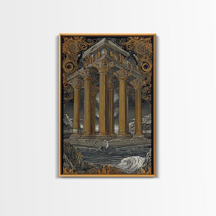 Temple Of The Gods, Mythological Architecture, Canvas Gold Canvas Print, Real Wood Frame Wall Art
