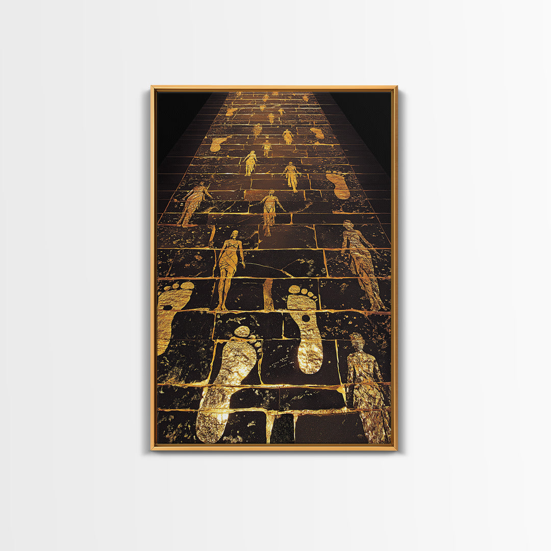 Golden Pathway Of Eternity, Mythic Footsteps, Canvas Gold Canvas Print, Real Wood Frame Wall Art