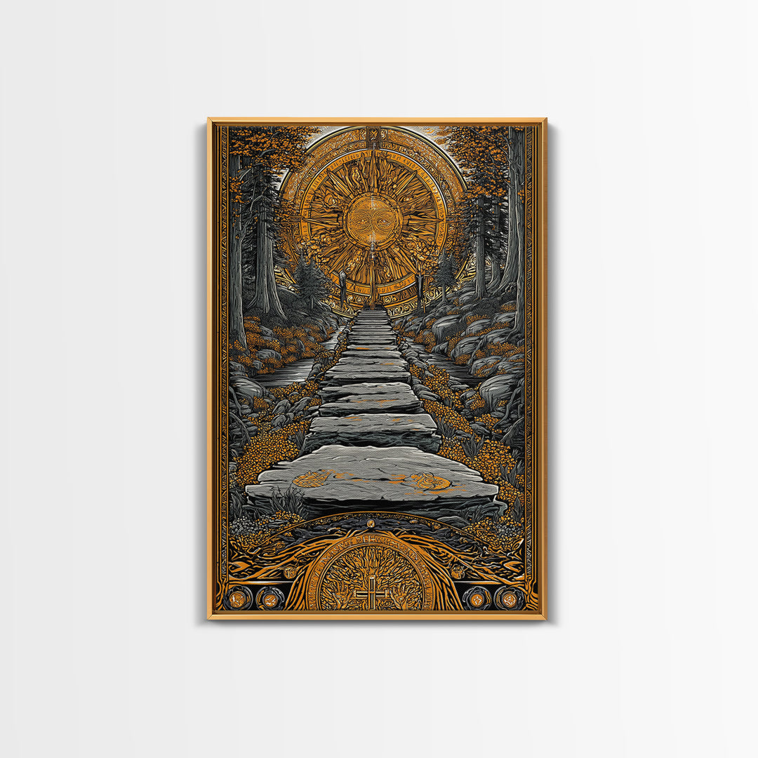 Celestial Gate, Mystical Sun Mandala, Path Of Light, Canvas Gold Canvas Print, Real Wood Frame Wall Art