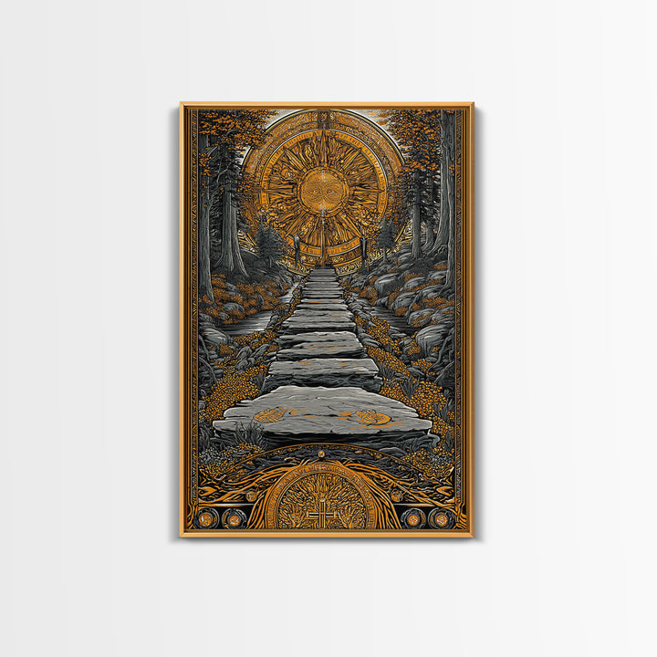 Celestial Gate, Mystical Sun Mandala, Path Of Light, Canvas Gold Canvas Print, Real Wood Frame Wall Art