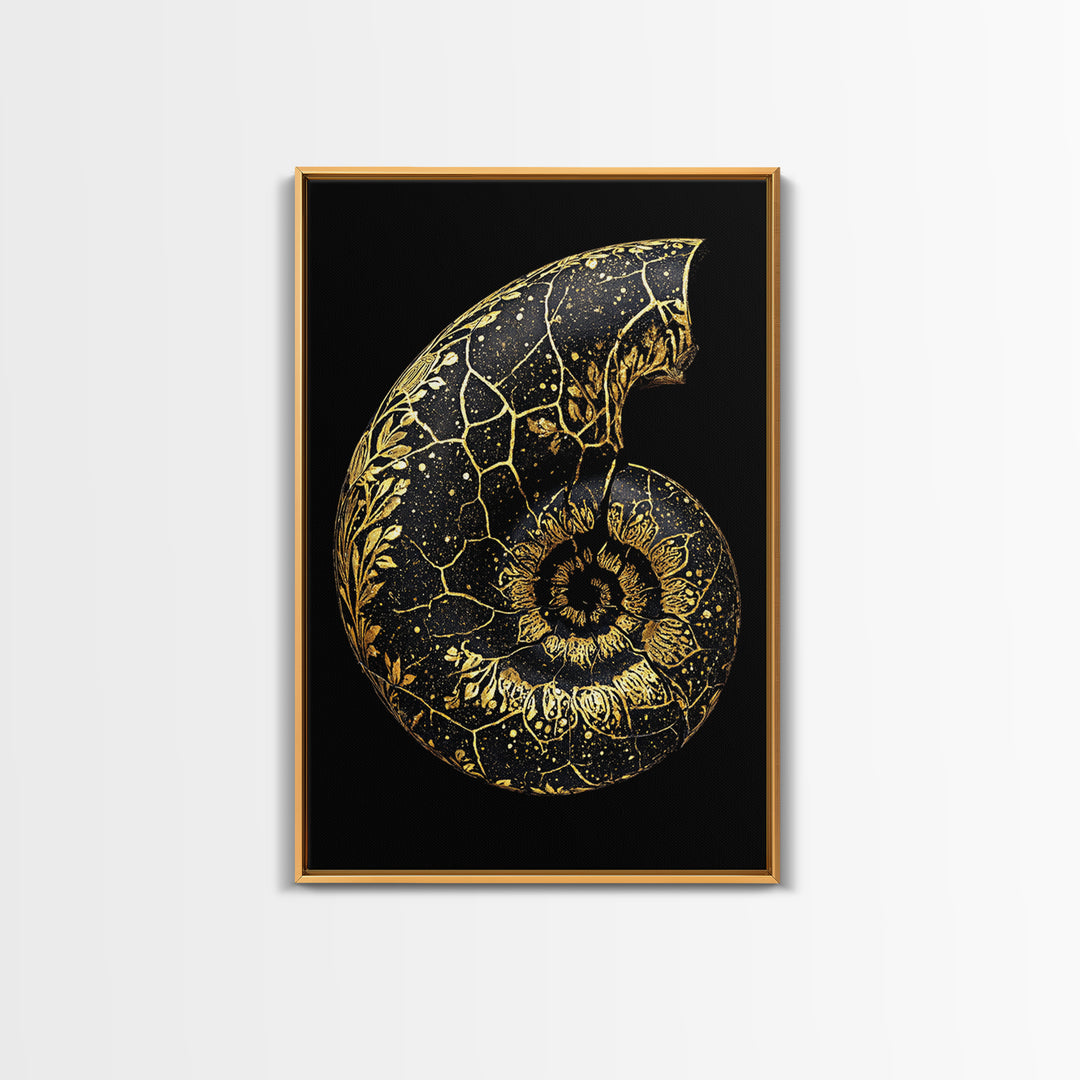 Golden Nautilus Fossil, Nature Inspired Abstract, Canvas Gold Canvas Print, Real Wood Frame Wall Art
