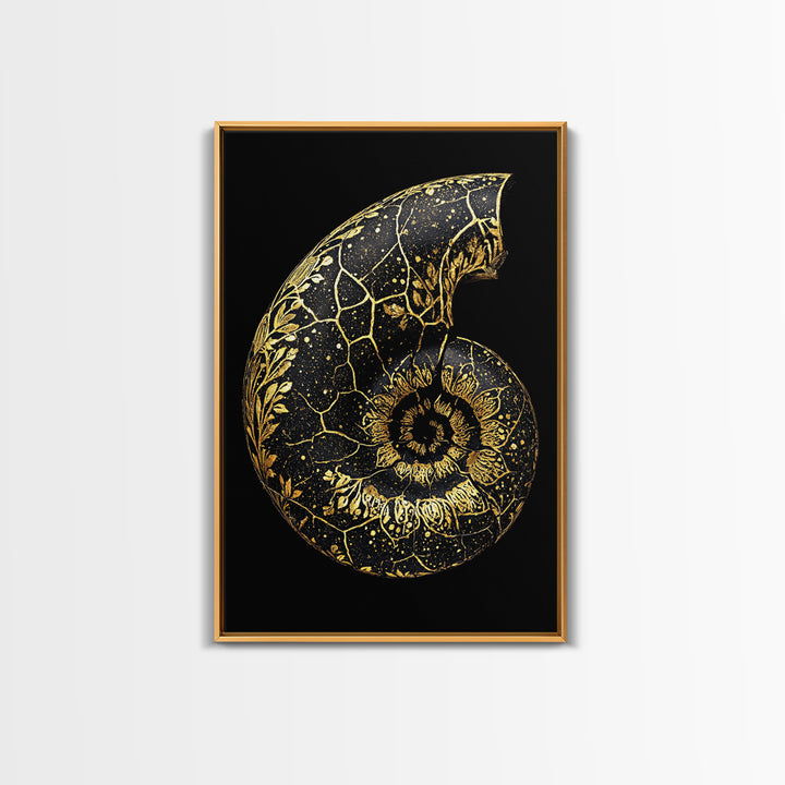 Golden Nautilus Fossil, Nature Inspired Abstract, Canvas Gold Canvas Print, Real Wood Frame Wall Art