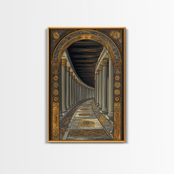 Endless Colonnade, Ancient Architecture Corridor, Canvas Gold Canvas Print, Real Wood Frame Wall Art