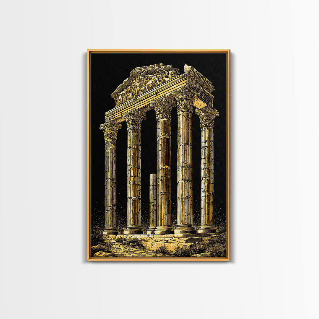 Greek Temple Ruins, Timeless Classical Columns, Canvas Gold Canvas Print, Real Wood Frame Wall Art
