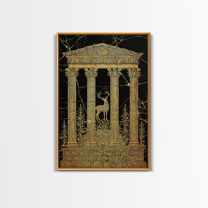 Stag At The Temple, Mythic Nature Scene, Canvas Gold Canvas Print, Real Wood Frame Wall Art