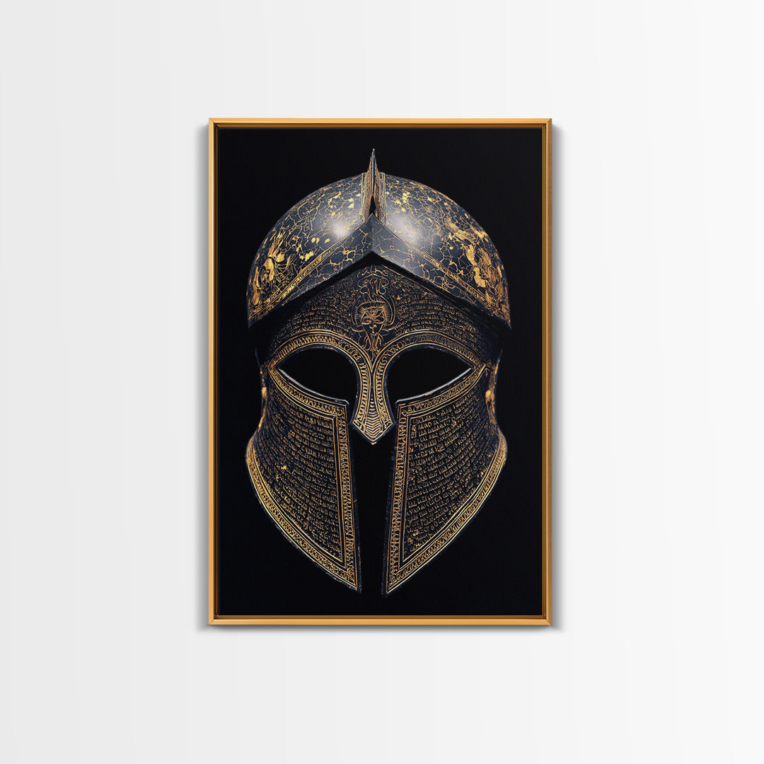 Ancient Greek Helmet with Cracked Texture and Text – Canvas Gold Art, Real Wood Frame Canvas Art, Historical Spartan Wall Decor