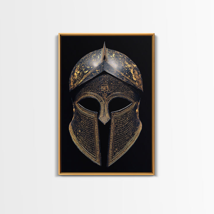 Ancient Greek Helmet with Cracked Texture and Text – Canvas Gold Art, Real Wood Frame Canvas Art, Historical Spartan Wall Decor