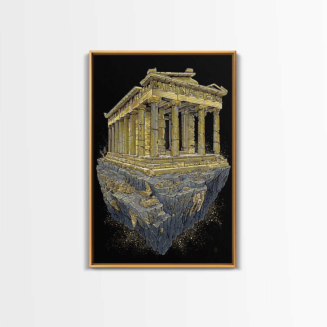 Floating Ancient Temple, Surreal Greek Ruins, Canvas Gold Canvas Print, Real Wood Frame Wall Art