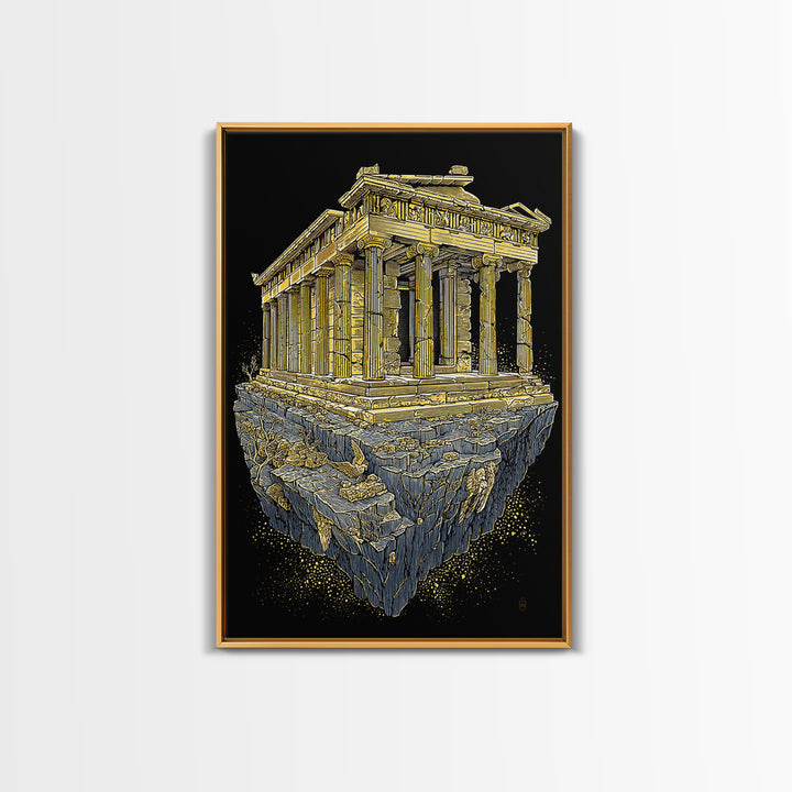 Floating Ancient Temple, Surreal Greek Ruins, Canvas Gold Canvas Print, Real Wood Frame Wall Art
