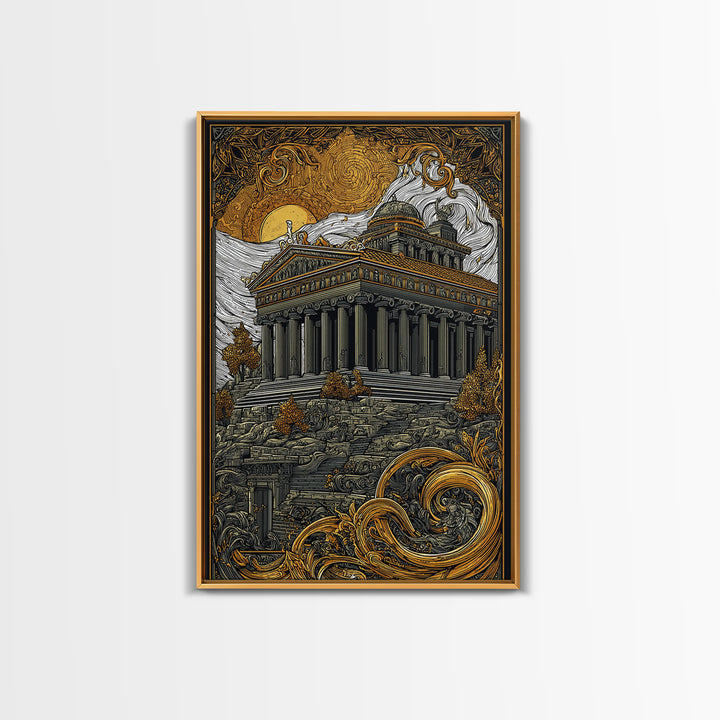 Greek Temple At Sunset, Ancient Architecture Wall Art, Canvas Gold Canvas Print, Mythology Home Decor, Wood Frame