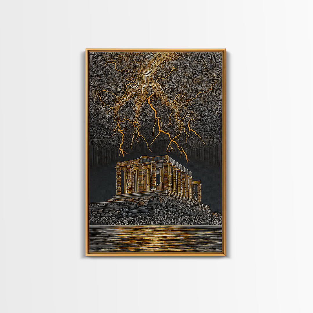 Parthenon With Lightning Storm, Dramatic Greek Myth Wall Art, Canvas Gold Canvas Print, Ancient Decor, Wood Frame