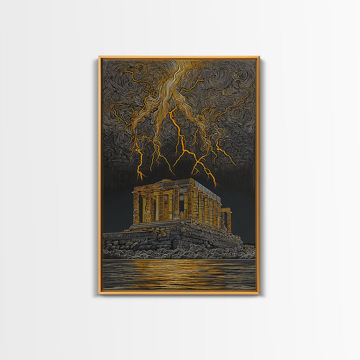 Parthenon With Lightning Storm, Dramatic Greek Myth Wall Art, Canvas Gold Canvas Print, Ancient Decor, Wood Frame