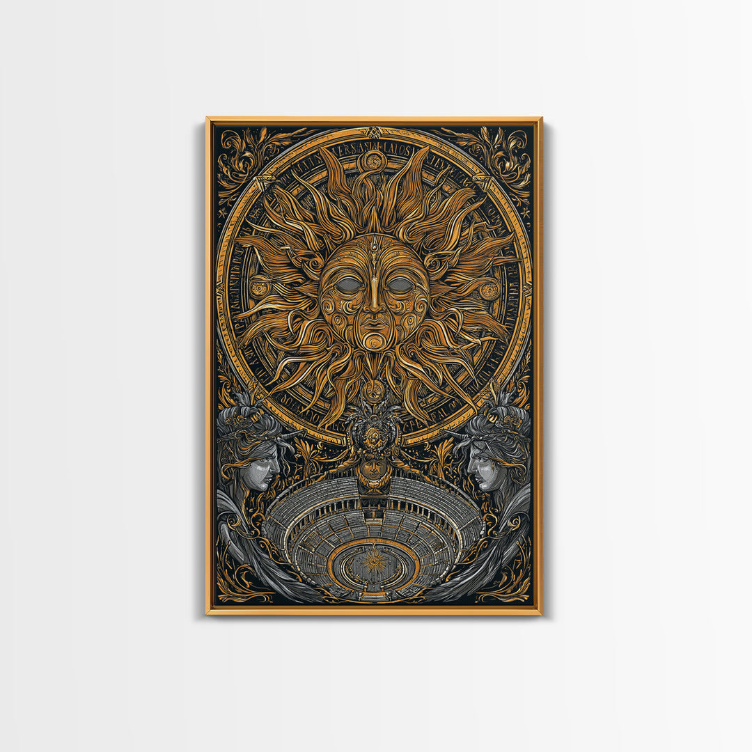 Sun God Face With Theater, Greek Mythology Wall Art, Canvas Gold Art, Dramatic Canvas Print, Celestial Decor, Wood Frame