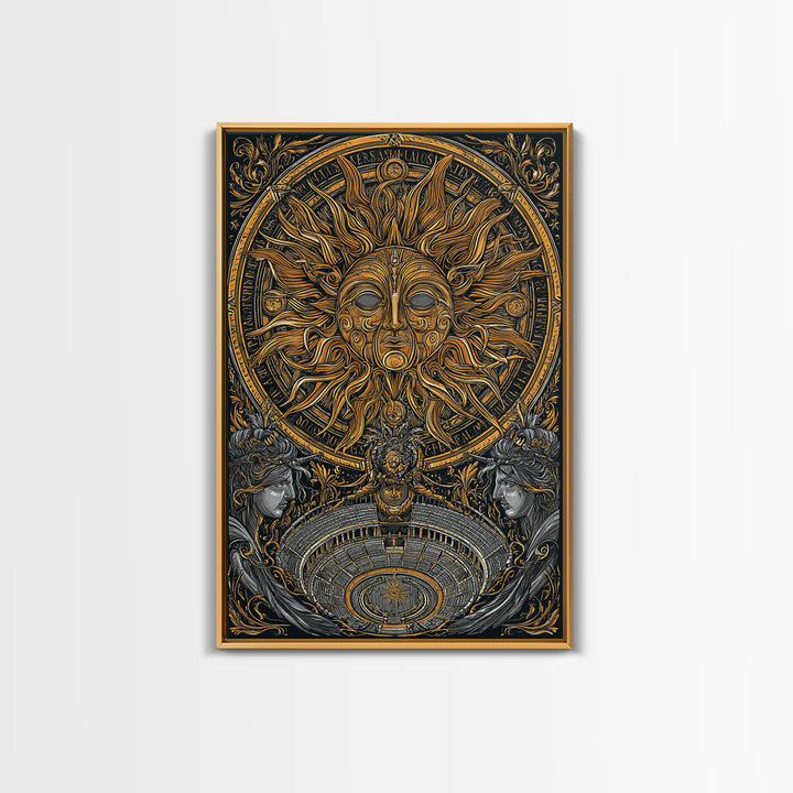Sun God Face With Theater, Greek Mythology Wall Art, Canvas Gold Art, Dramatic Canvas Print, Celestial Decor, Wood Frame