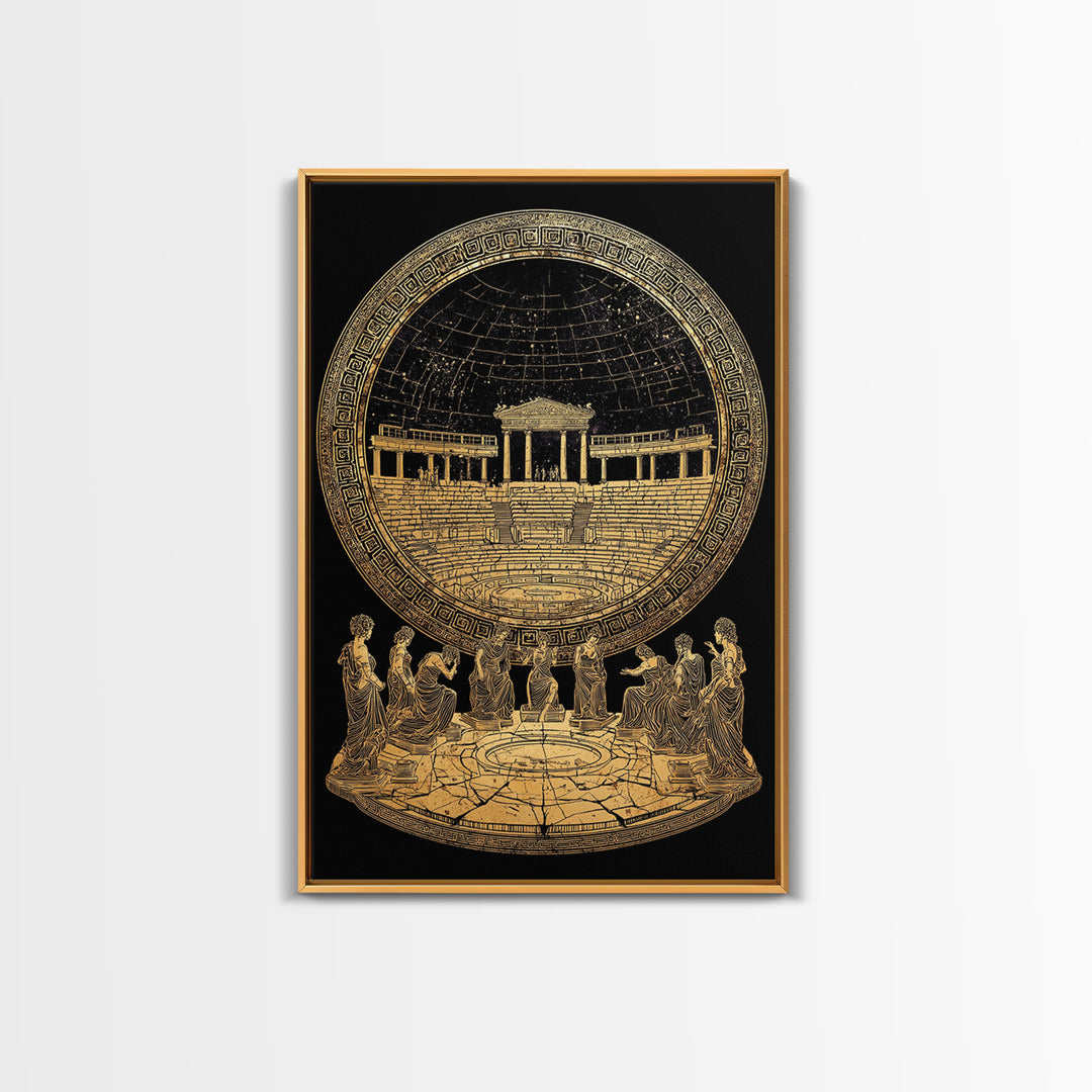 Greek Amphitheater With Muses, Ancient Mythology Wall Decor, Canvas Gold Canvas Print, Classical Art, Wood Frame