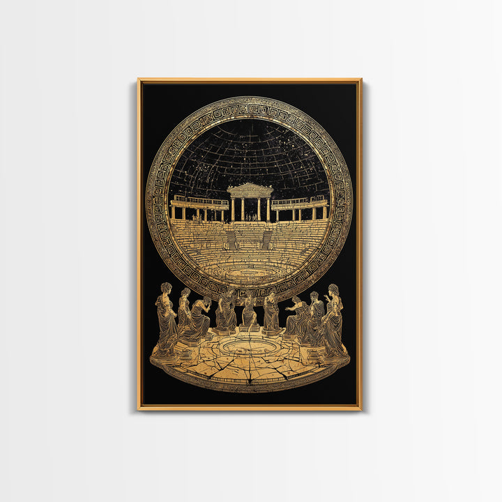 Greek Amphitheater With Muses, Ancient Mythology Wall Decor, Canvas Gold Canvas Print, Classical Art, Wood Frame