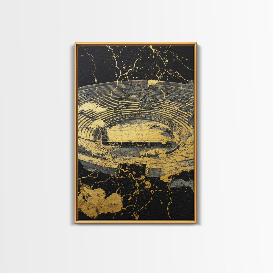 Ancient Theater Abstract, Splattered Canvas Gold Canvas Print, Greek Myth Wall Art, Dramatic Decor, Wood Frame