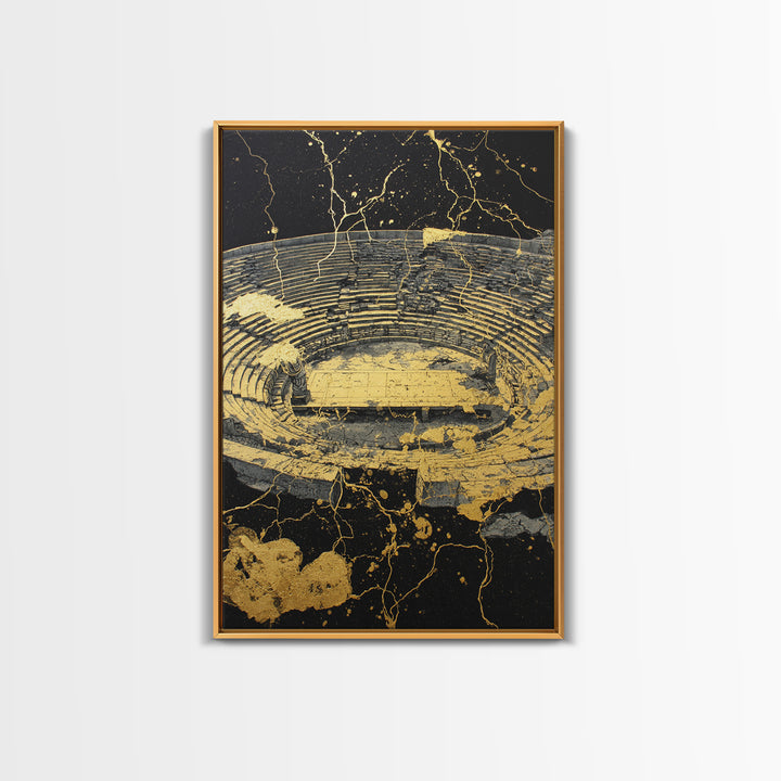 Ancient Theater Abstract, Splattered Canvas Gold Canvas Print, Greek Myth Wall Art, Dramatic Decor, Wood Frame