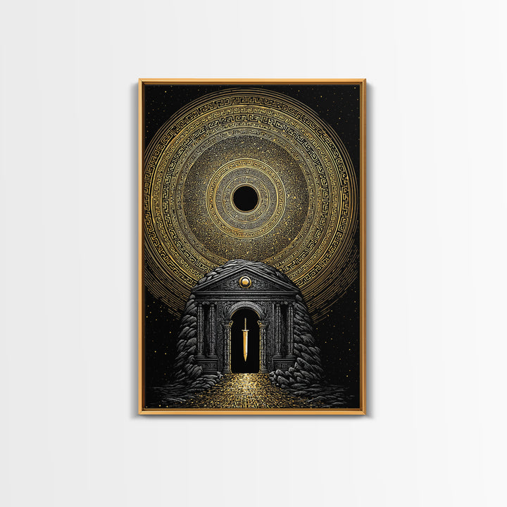Sword Temple Cosmic Design, Mythology Wall Art, Canvas Gold Canvas Print, Fantasy Decor, Ancient Architecture, Wood Frame