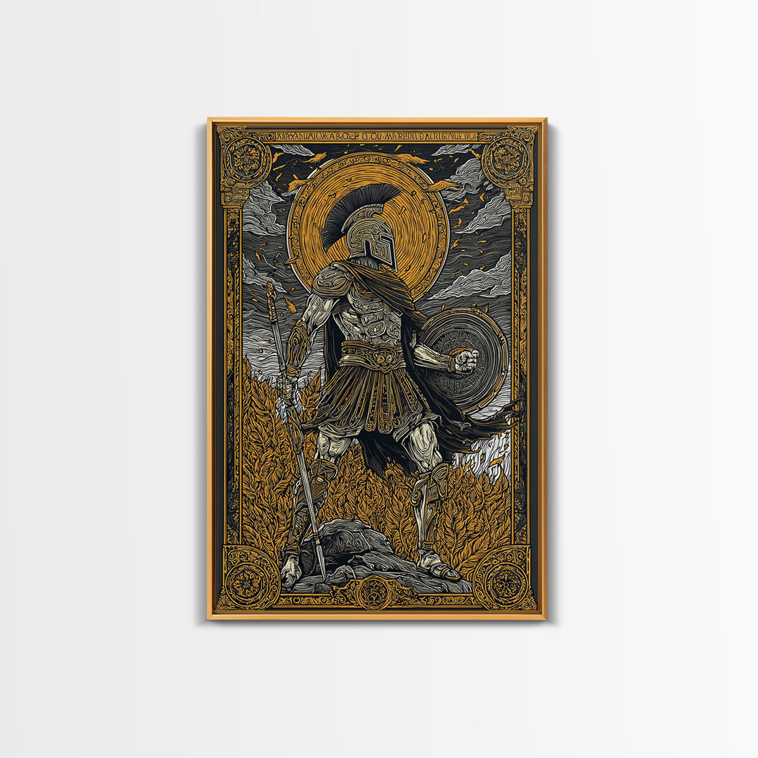 Greek Warrior With Shield, Ancient Mythology Wall Art, Canvas Gold Canvas Print, Heroic Decor, Dramatic Design, Wood Frame