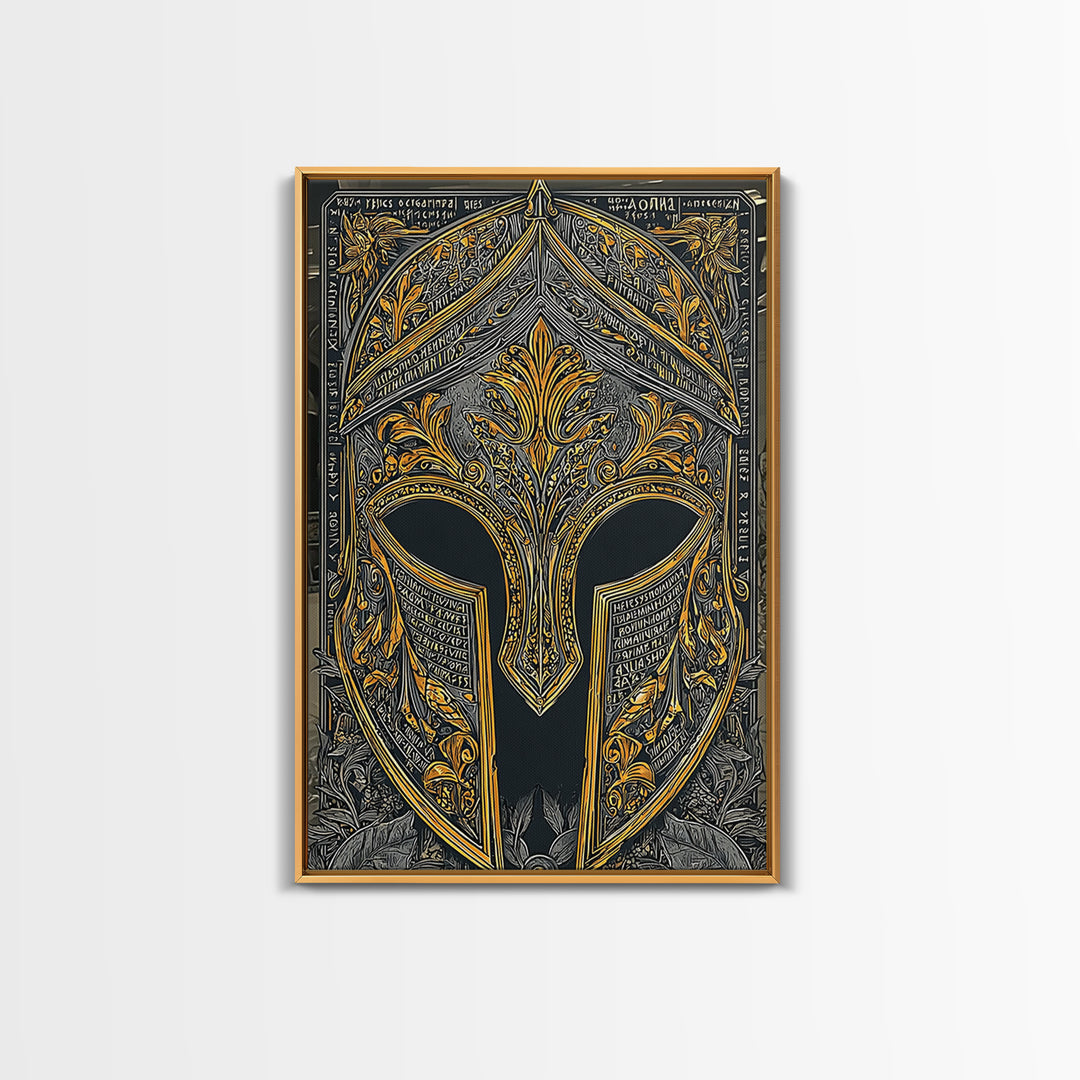 Floral Greco-Roman Helmet with Scripted Detail – Canvas Gold Art, Real Wood Framed Canvas Art, Ornate Classical Warrior Print