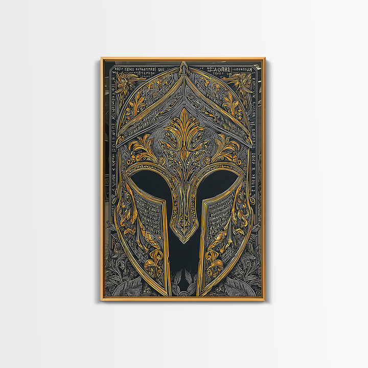 Floral Greco-Roman Helmet with Scripted Detail – Canvas Gold Art, Real Wood Framed Canvas Art, Ornate Classical Warrior Print