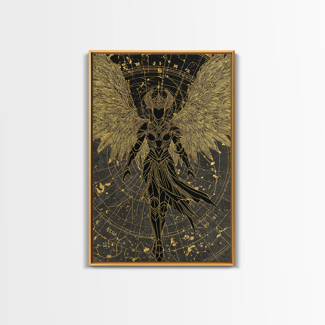 Celestial Angel Warrior, Astral Mythology Wall Art, Canvas Gold Canvas Print, Fantasy Decor, Cosmic Figure, Wood Frame
