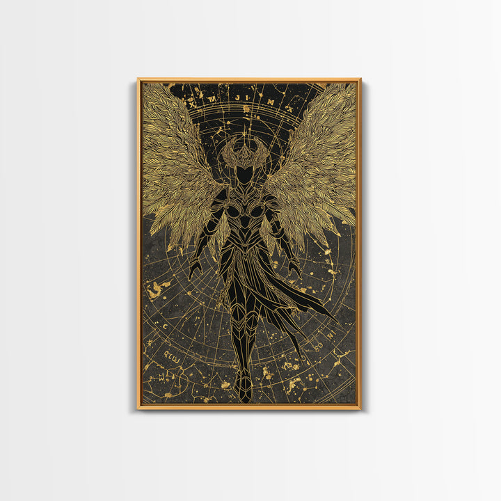 Celestial Angel Warrior, Astral Mythology Wall Art, Canvas Gold Canvas Print, Fantasy Decor, Cosmic Figure, Wood Frame