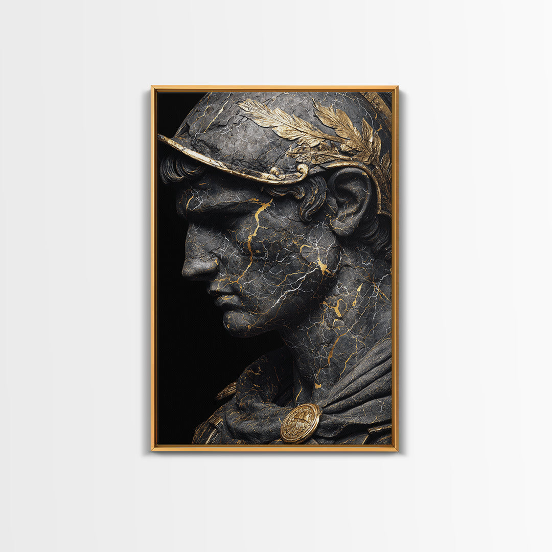 Roman Bust Statue, Classical Sculpture Wall Art, Canvas Gold Canvas Print, Ancient Decor, Regal Design, Wood Frame