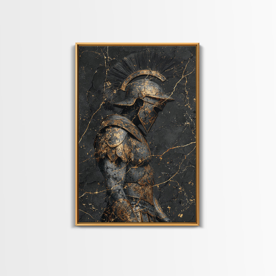 Roman Soldier Statue, Canvas Gold Canvas Print, Ancient Warrior Wall Art, Real Wood Frame, Luxury Mythology Home Decor