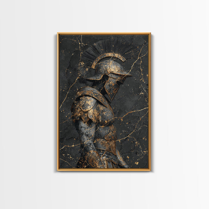 Roman Soldier Statue, Canvas Gold Canvas Print, Ancient Warrior Wall Art, Real Wood Frame, Luxury Mythology Home Decor
