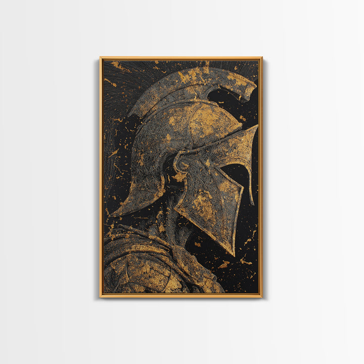 Greek Warrior Helmet, Canvas Gold Art, Ancient Soldier Wall Print, Mythology Decor, Real Wood Framed Canvas Artwork