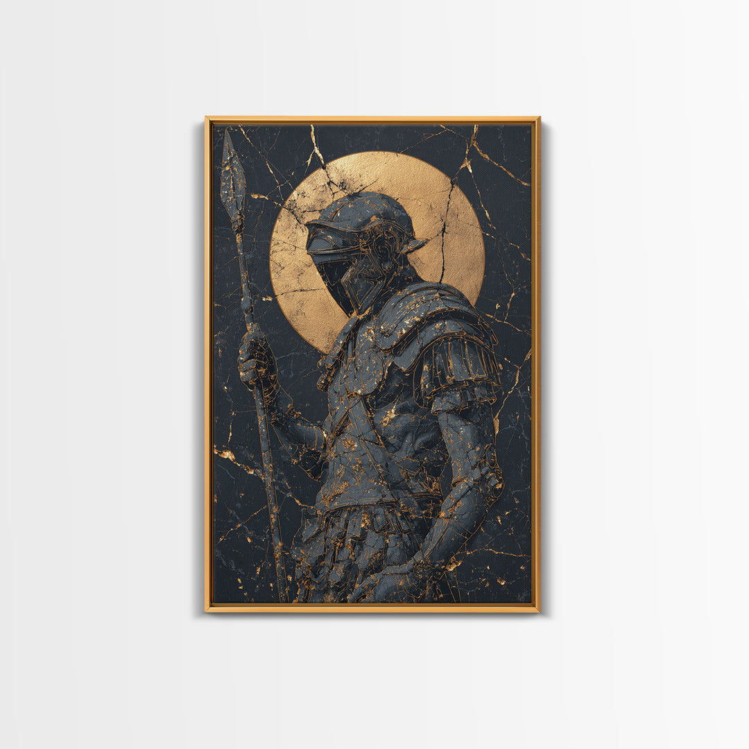 Spartan Warrior With Spear, Canvas Gold Canvas Print, Ancient Soldier Wall Art, Real Wood Frame Decor, Luxury Mythology