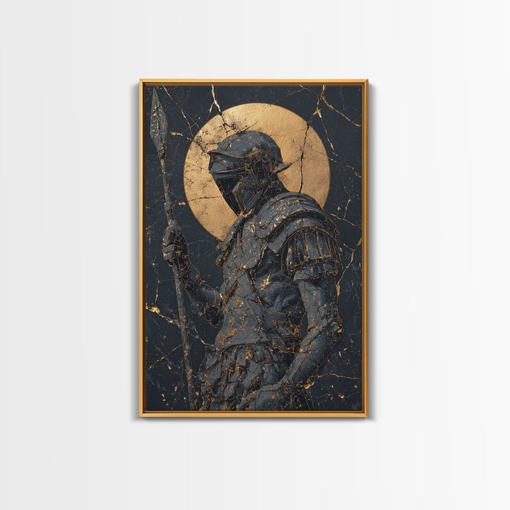 Spartan Warrior With Spear, Canvas Gold Canvas Print, Ancient Soldier Wall Art, Real Wood Frame Decor, Luxury Mythology