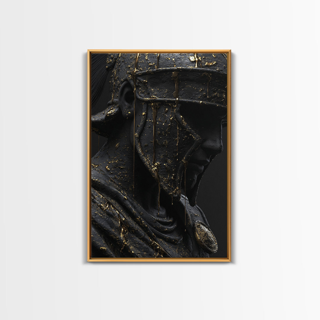 Spartan Warrior Bust, Canvas Gold Art, Ancient Helmet Canvas Print, Real Wood Frame Wall Decor, Luxury Mythology Artwork