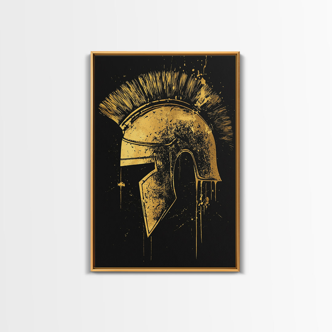 Spartan Helmet Illustration, Canvas Gold Canvas Print, Ancient Warrior Wall Art, Real Wood Framed Mythology Decor