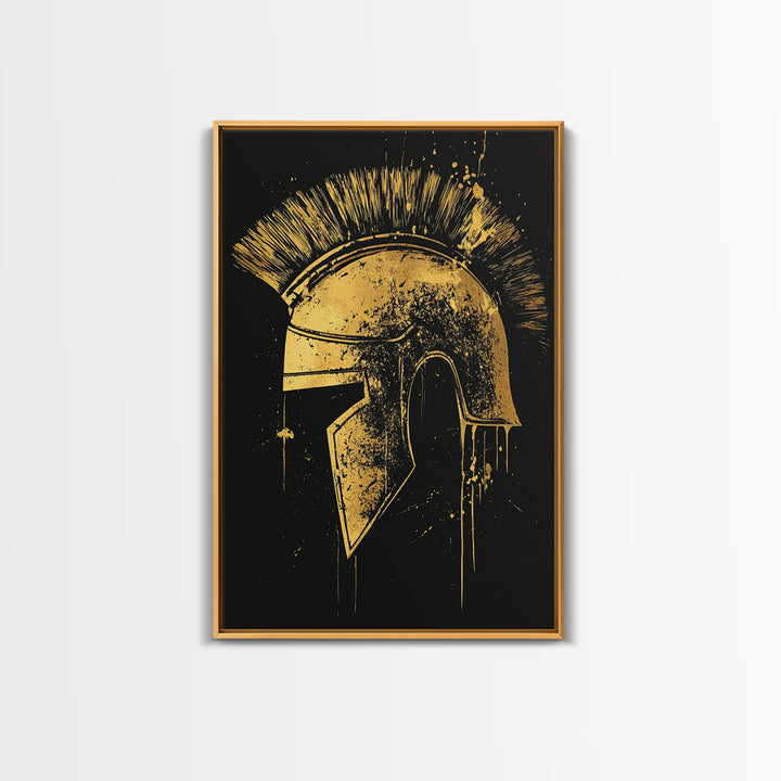 Spartan Helmet Illustration, Canvas Gold Canvas Print, Ancient Warrior Wall Art, Real Wood Framed Mythology Decor