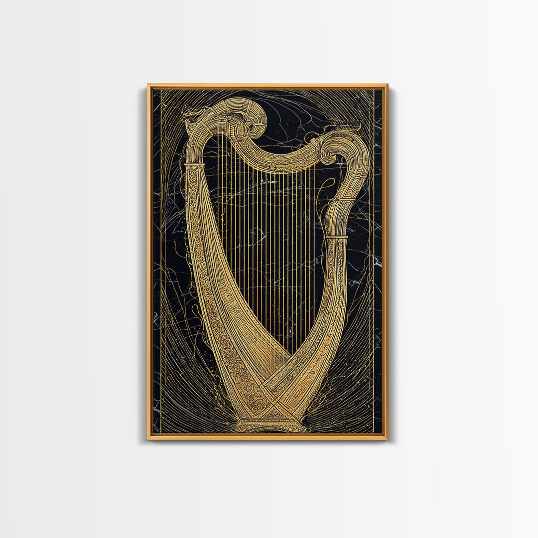 Golden Harp on Marble with Ornamental Lines – Canvas Gold Art, Canvas Art in Real Wood Frame, Classical Music Instrument Decor