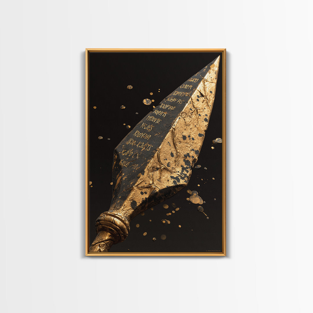 Inscribed Greek Spearhead in Motion Splash – Canvas Gold Art, Warrior Weapon Real Wood Framed Canvas Art, Spartan Weapon Decor