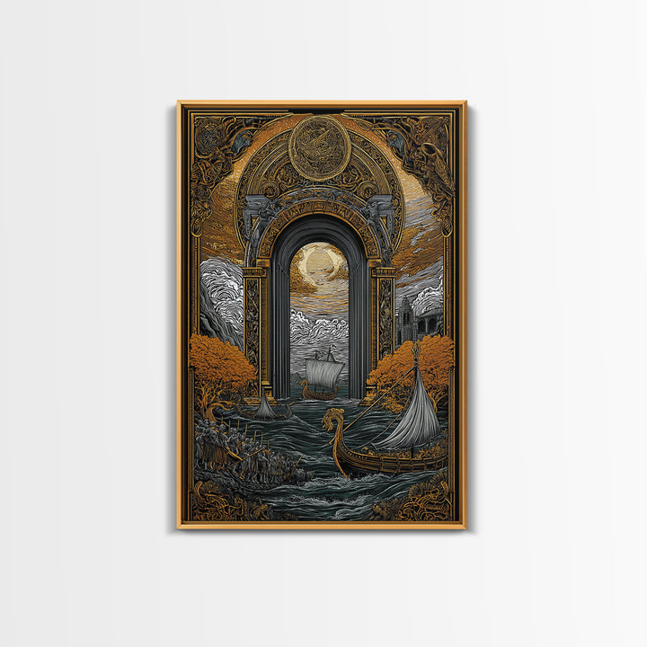 Viking Longships Through Mythic Gate – Canvas Gold Art, Epic Seafaring Canvas Art in Real Wood Frame, Norse Voyage Wall Print