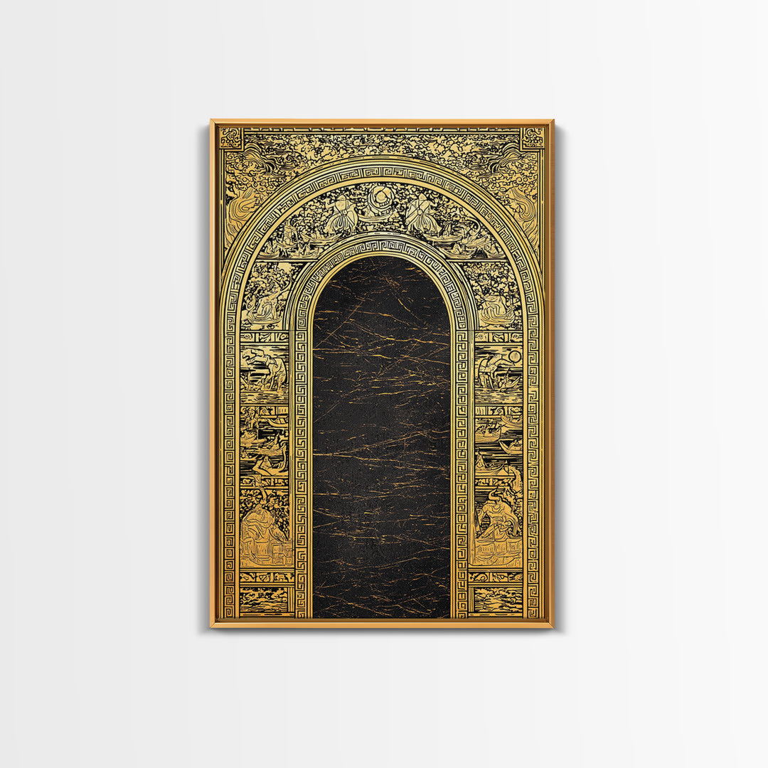 Ancient Greek Archway with Myth Scenes – Canvas Gold Art, Classical Panel Canvas Art with Real Wood Frame, Temple Wall Decor