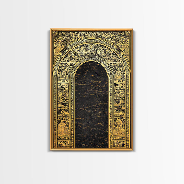 Ancient Greek Archway with Myth Scenes – Canvas Gold Art, Classical Panel Canvas Art with Real Wood Frame, Temple Wall Decor