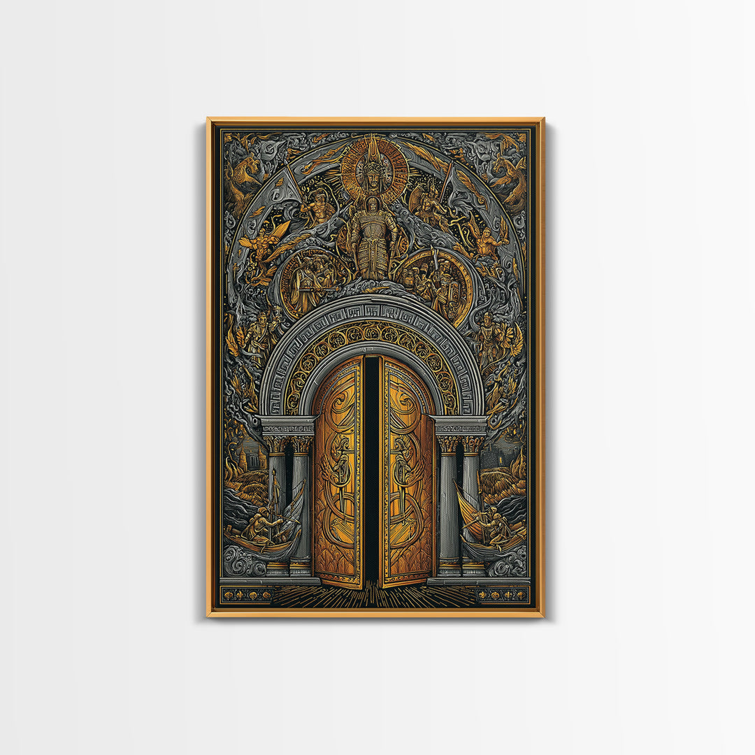 Byzantine Portal of Angels and Kings – Canvas Gold Art, Medieval Religious Canvas Art in Real Wood Frame, Sacred History Wall Art
