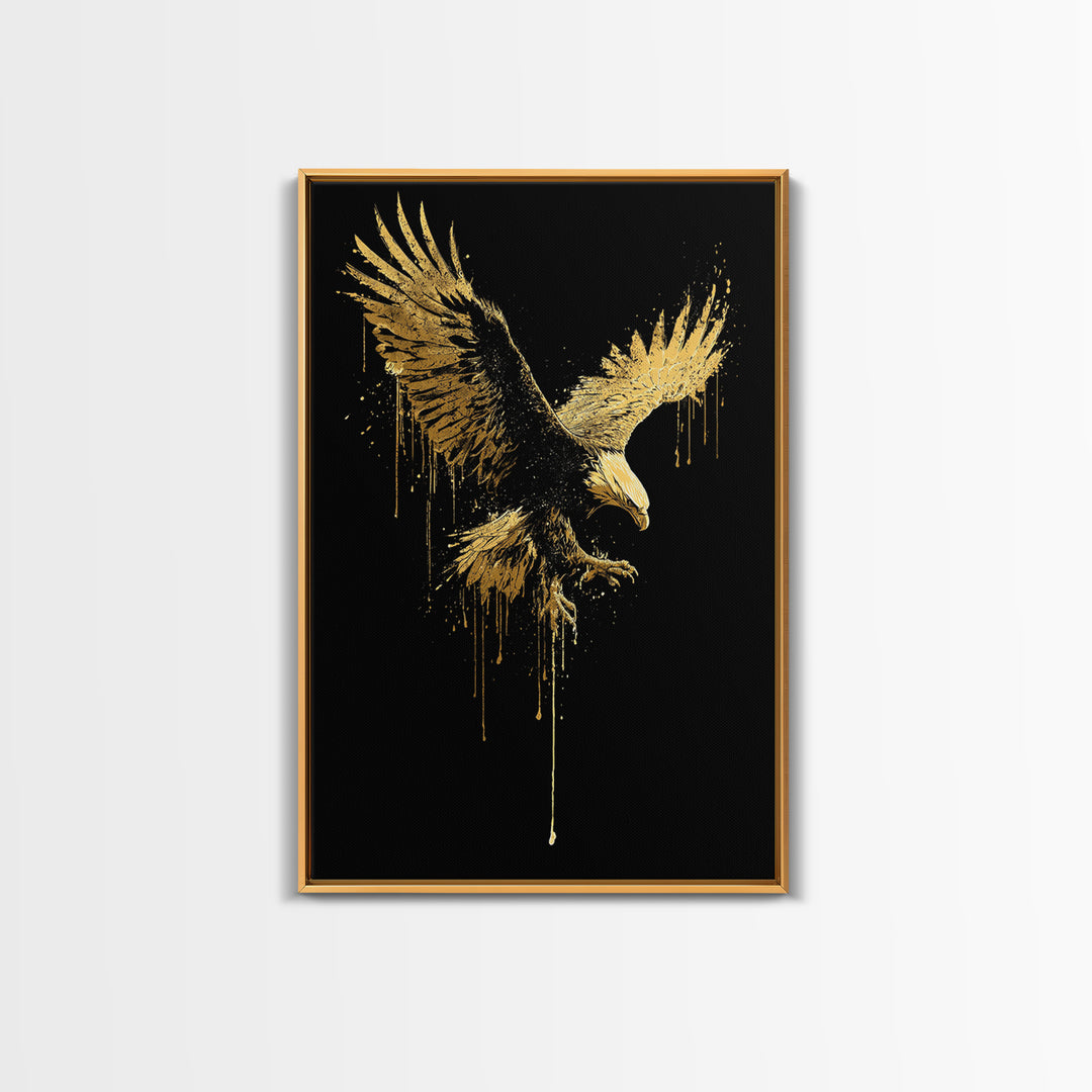 Flying Gold Splatter Eagle in Mid-Descent – Canvas Gold Art, Real Wood Framed Canvas Art, Dynamic Bird of Prey Wall Statement