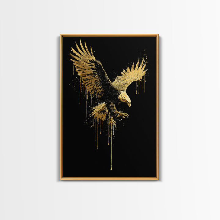 Flying Gold Splatter Eagle in Mid-Descent – Canvas Gold Art, Real Wood Framed Canvas Art, Dynamic Bird of Prey Wall Statement