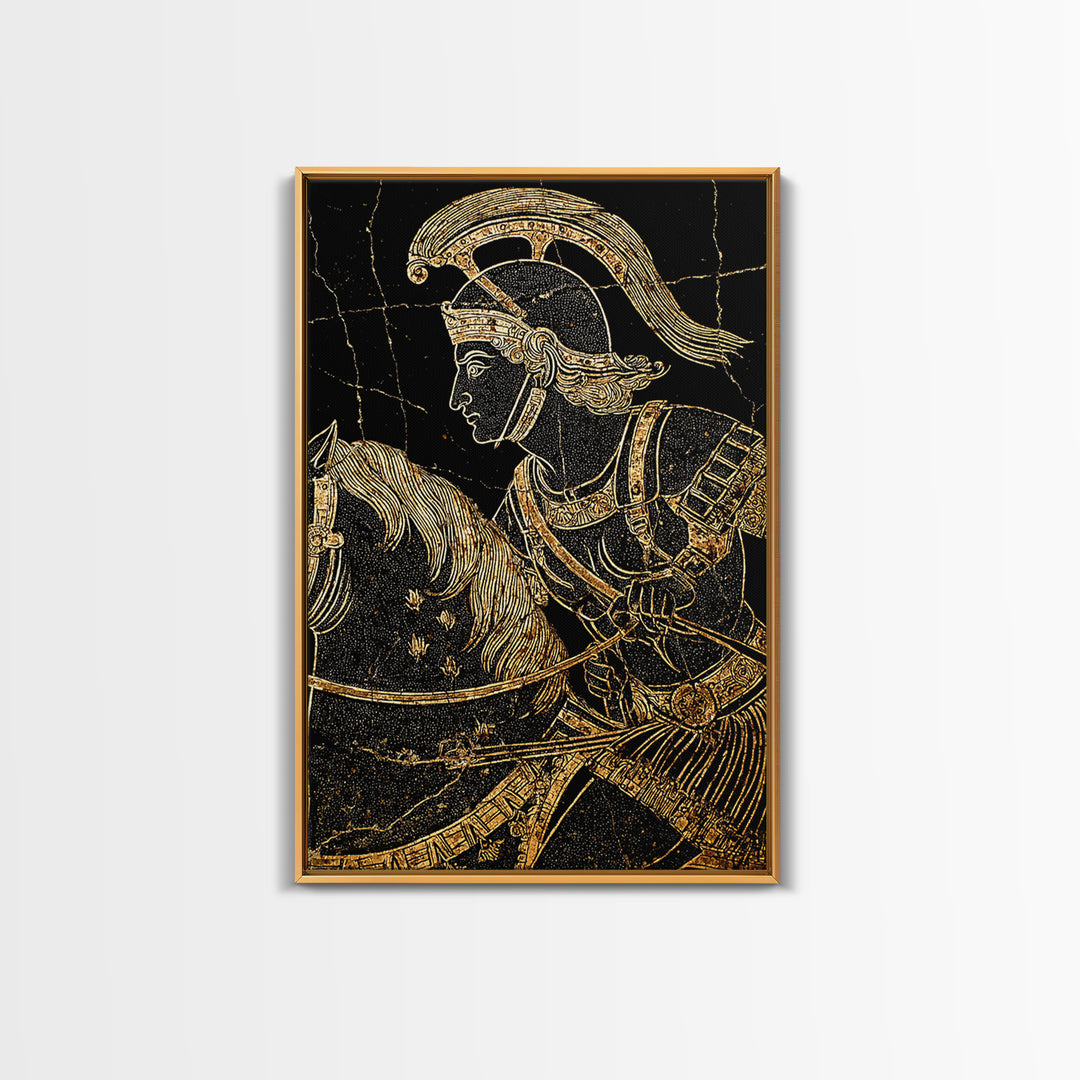 Ancient Greek Vase-Inspired Horseback Warrior – Canvas Gold Art, Classic Antiquity Linework Canvas Art, Mythic Wall Decor