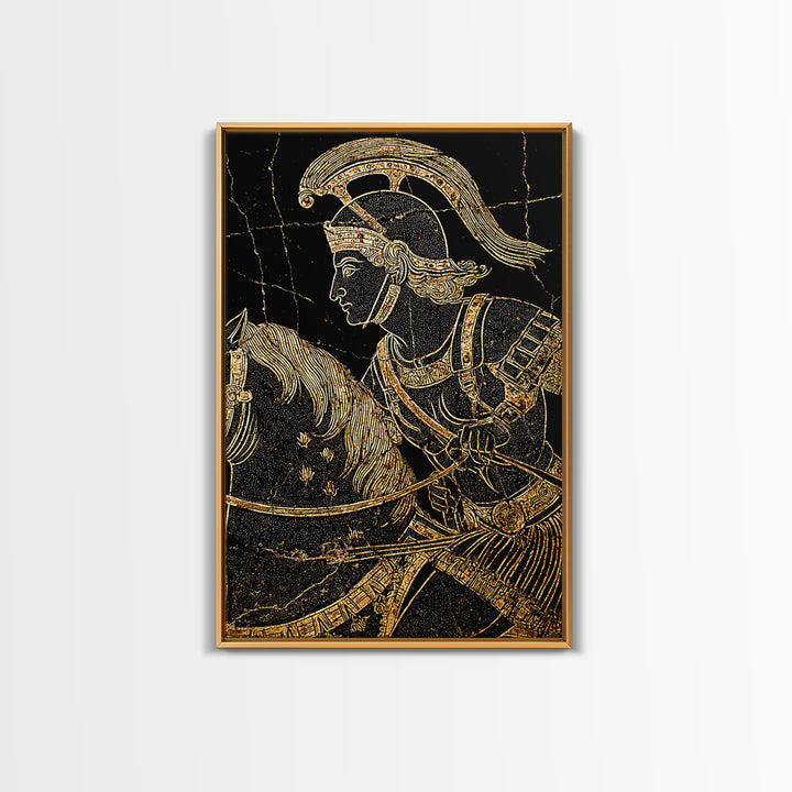 Ancient Greek Vase-Inspired Horseback Warrior – Canvas Gold Art, Classic Antiquity Linework Canvas Art, Mythic Wall Decor
