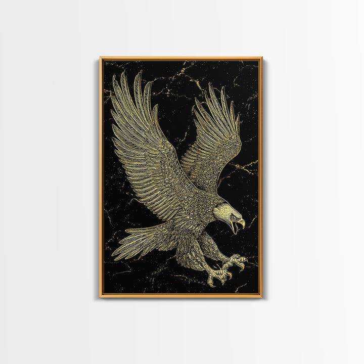 Detailed Golden Eagle with Spread Wings – Canvas Gold Art, Precision Linework Canvas Art in Real Wood Frame, Regal Animal Decor